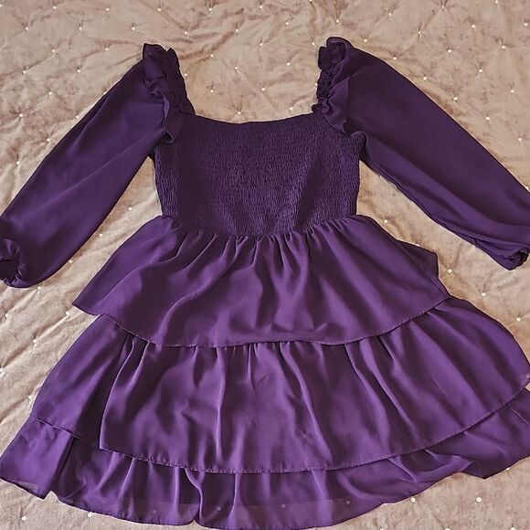 Women's Smocked Bodice Ruffle Mini Dress Square Neck Long Sleeve, Size L - Picture 3 of 6